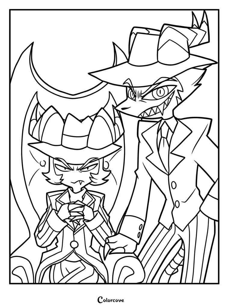 A printable coloring page featuring Crimson sitting in a high-backed chair while Chaz stands beside him with a menacing grin.