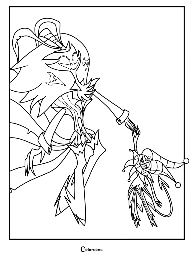 A black and white coloring page featuring Asmodeus, the Sin of Lust, gently holding the hand of the jester Fizzarolli.