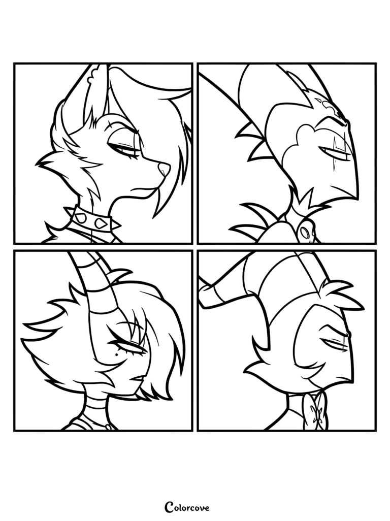 A four-panel coloring page featuring side profiles of Loona, Blitzo, Millie, and Moxxie from Helluva Boss.