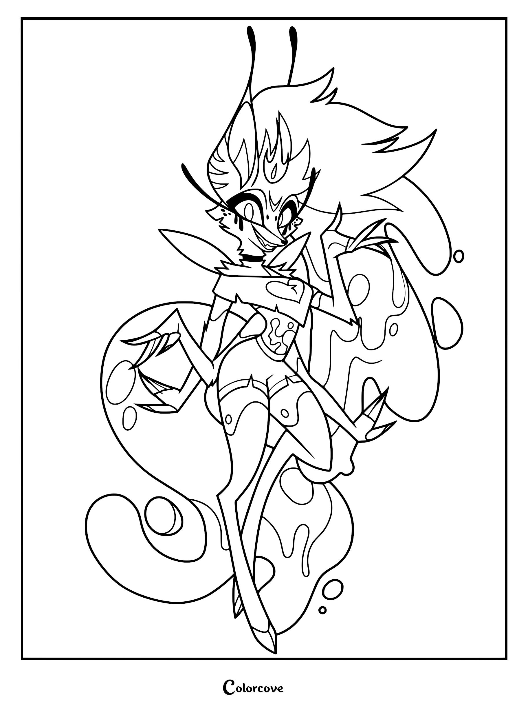 Line art coloring page of Beelzebub from Helluva Boss, featuring the Sin of Gluttony with her signature fox-like features, antennae, and flowing hair surrounded by abstract liquid shapes.