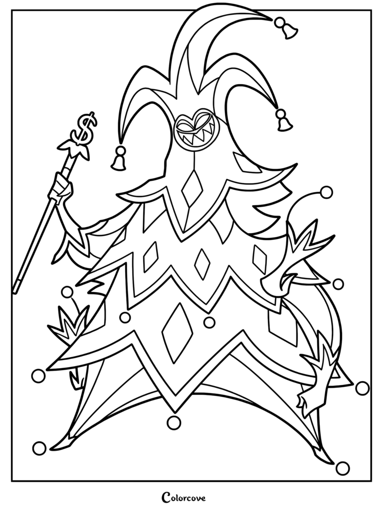 A detailed line art coloring page of Mammon, the Sin of Greed, wearing his signature jester outfit and holding a dollar sign scepter.