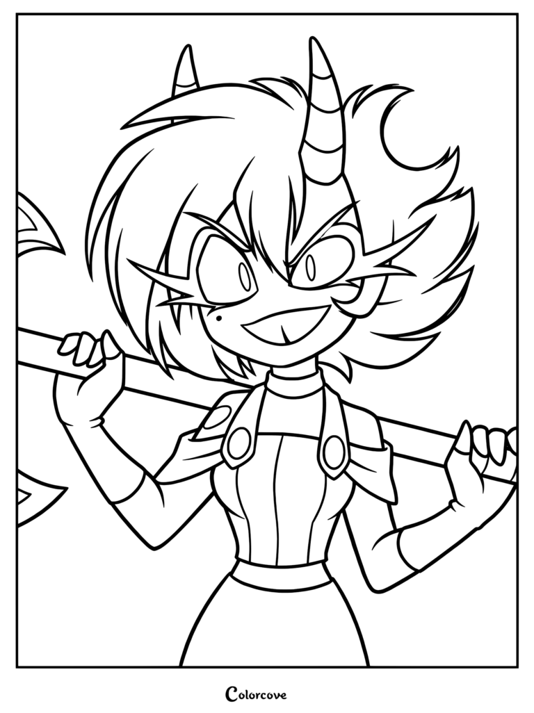 Millie from Helluva Boss smiling fiercely while holding a large battle axe over her shoulders in this printable coloring page.