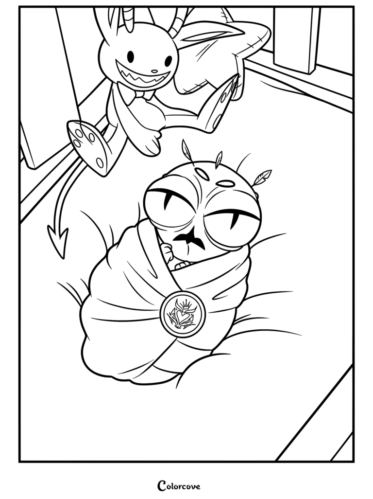 A line art coloring page featuring a newborn baby Stolas swaddled in a blanket with a Goetia crest.