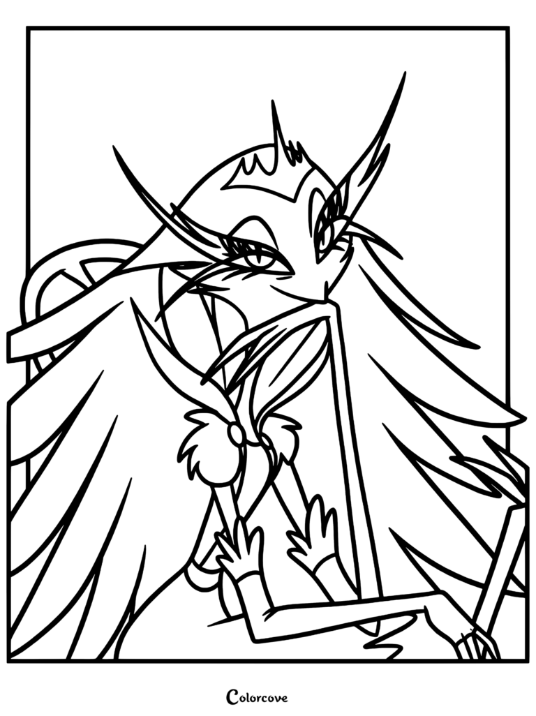 Stella from Helluva Boss with long hair and sharp features in a detailed line art coloring page.