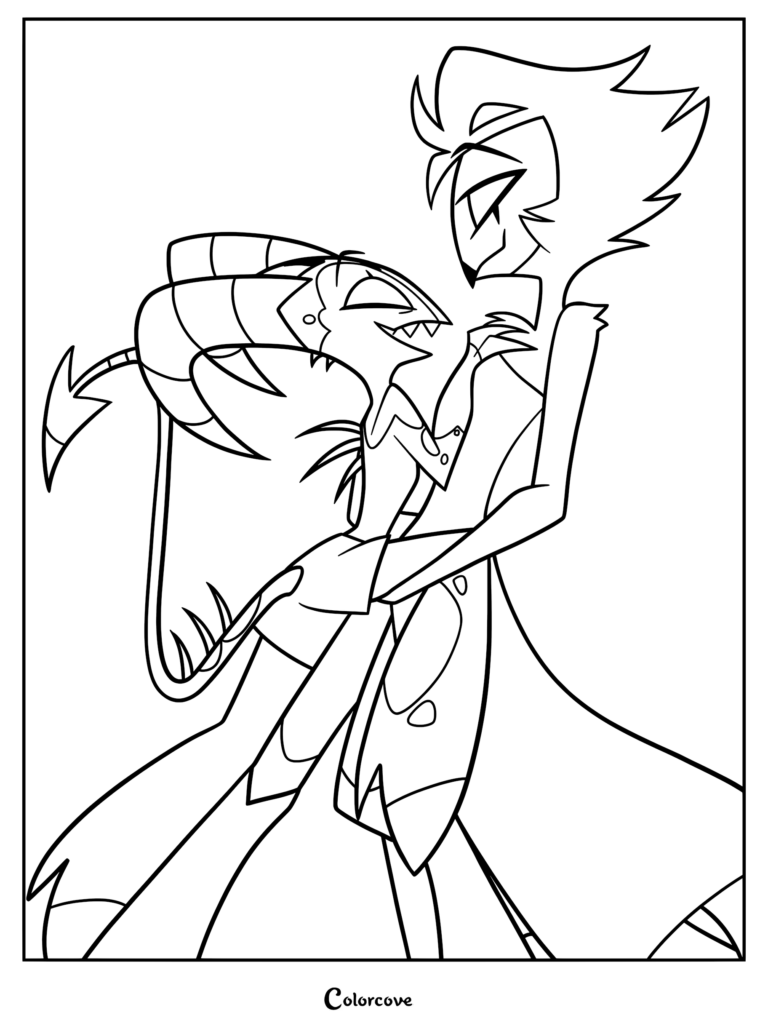 A black and white line art coloring page featuring Stolas and Blitzo from Helluva Boss standing close together in an intimate pose.