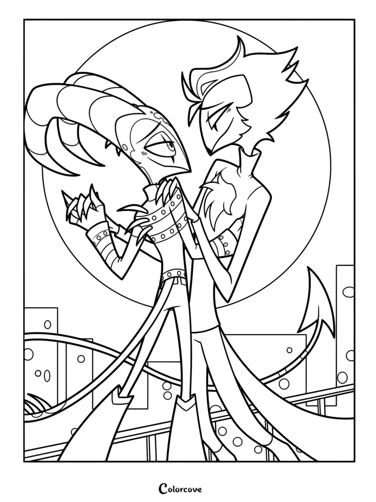 A line art coloring page featuring Stolas and Blitzo from Helluva Boss sharing an intimate dance against a large circular moon background.