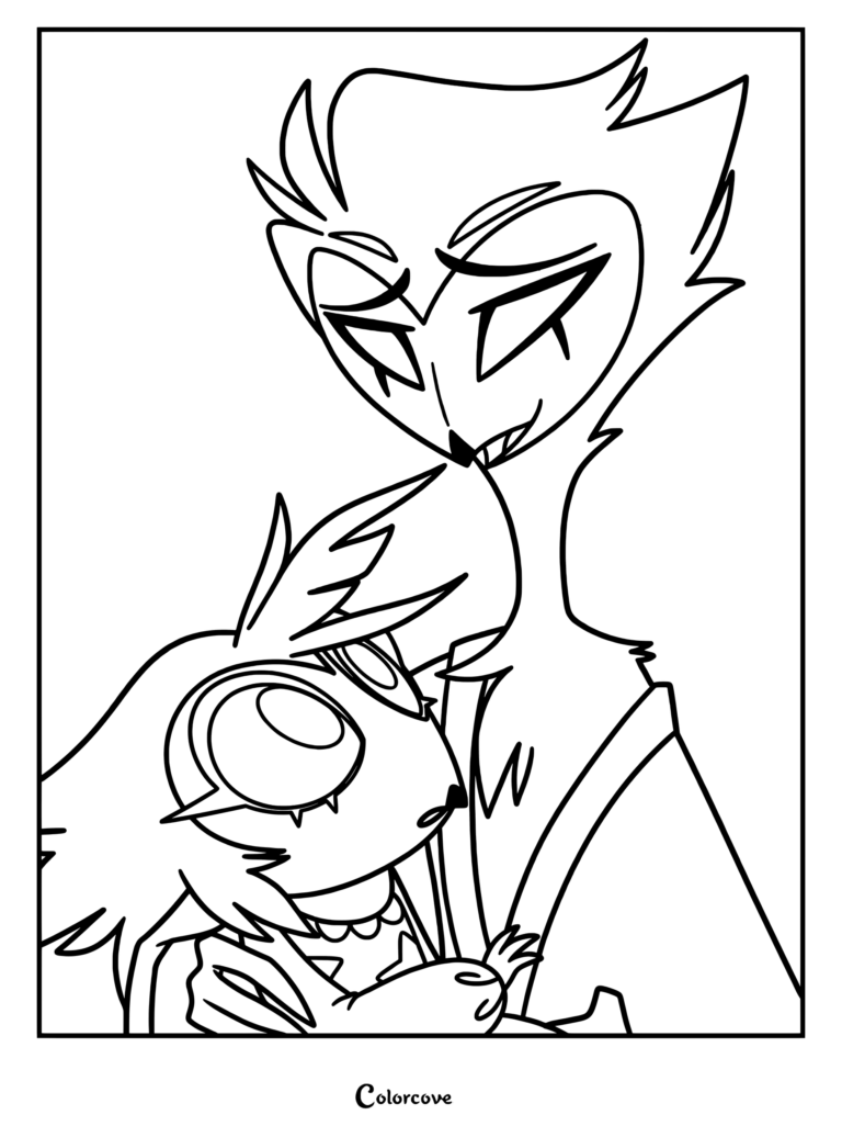 A line art coloring page featuring Stolas gently holding his daughter Octavia in a tender moment from the episode You Will Be OK.