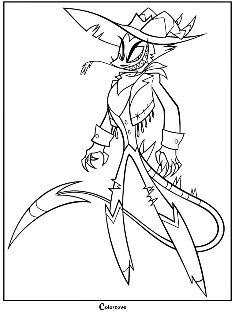A detailed black and white line art coloring page featuring Striker, the snake-like imp assassin from Helluva Boss, wearing his signature cowboy hat and vest with a menacing grin.