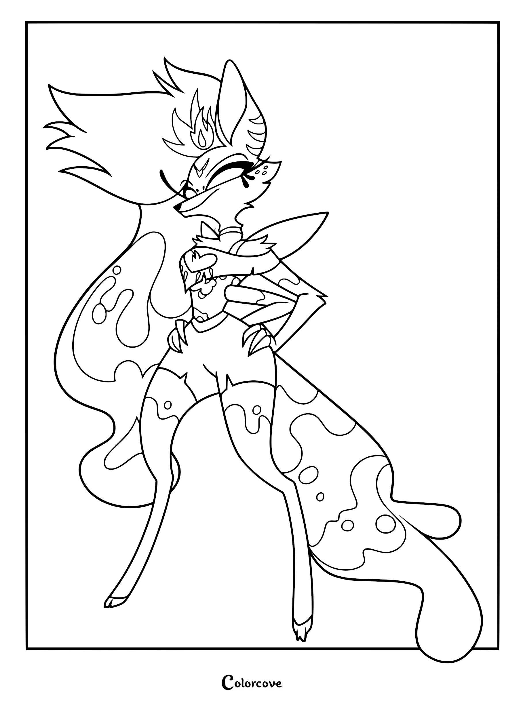 A detailed line art coloring page of Beelzebub, the Sin of Gluttony, standing with a confident pose, featuring her signature fox-like features, long flowing hair, and patterned outfit.