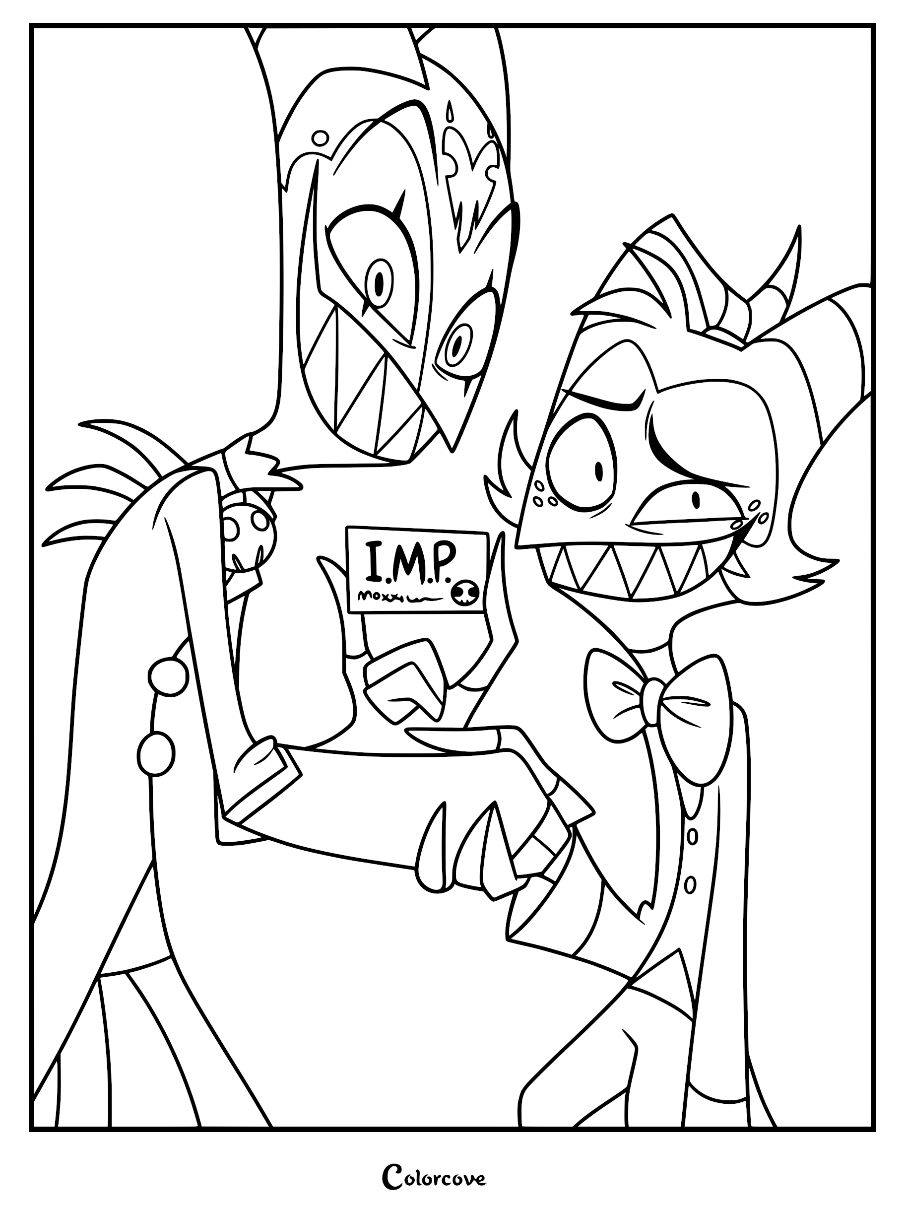 Blitzo holding an I.M.P. business card while standing next to a nervous-looking Moxxie in this printable coloring page.