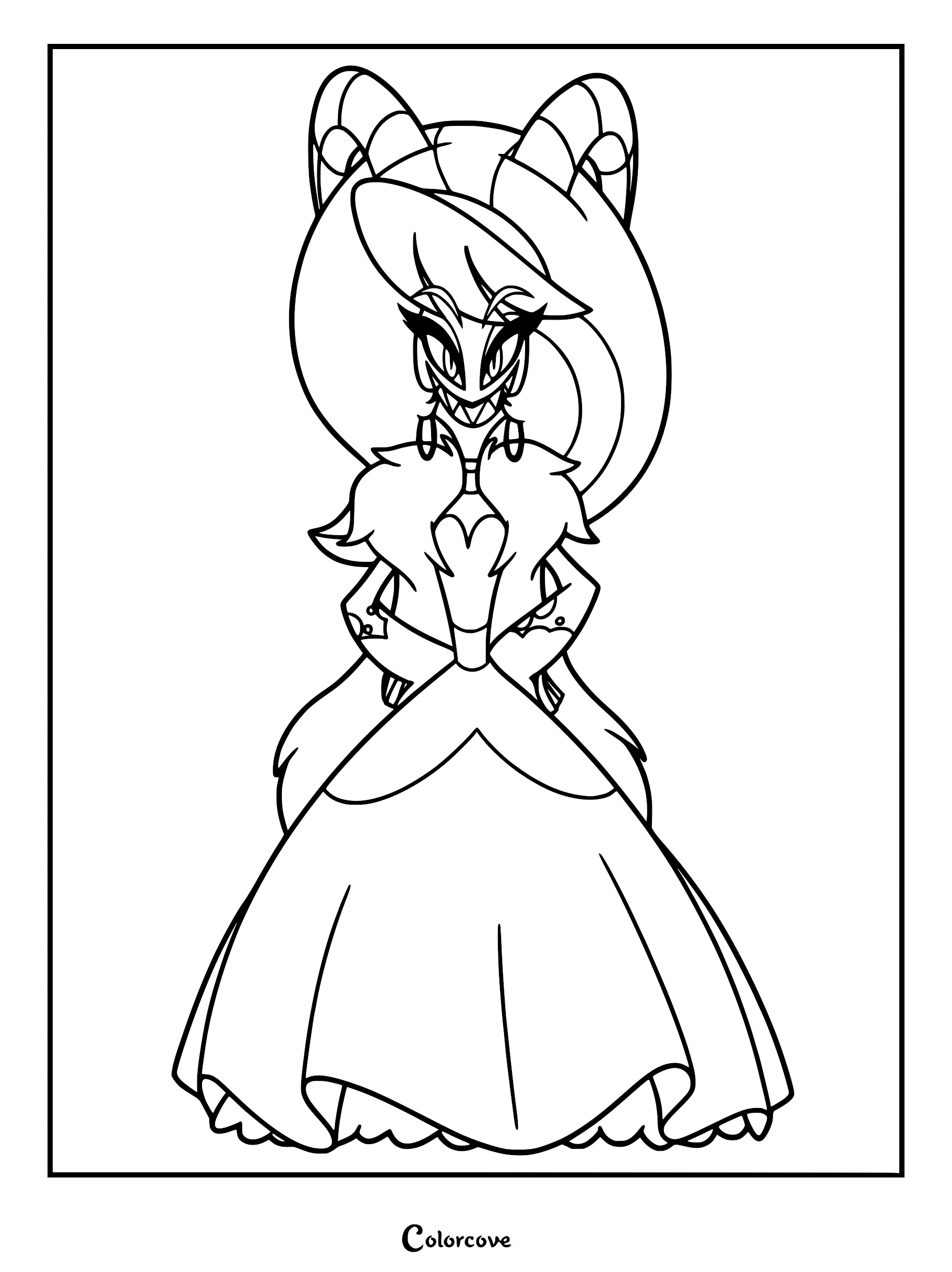 Verosika Mayday wearing a formal gown and fur-trimmed jacket in this printable coloring page.