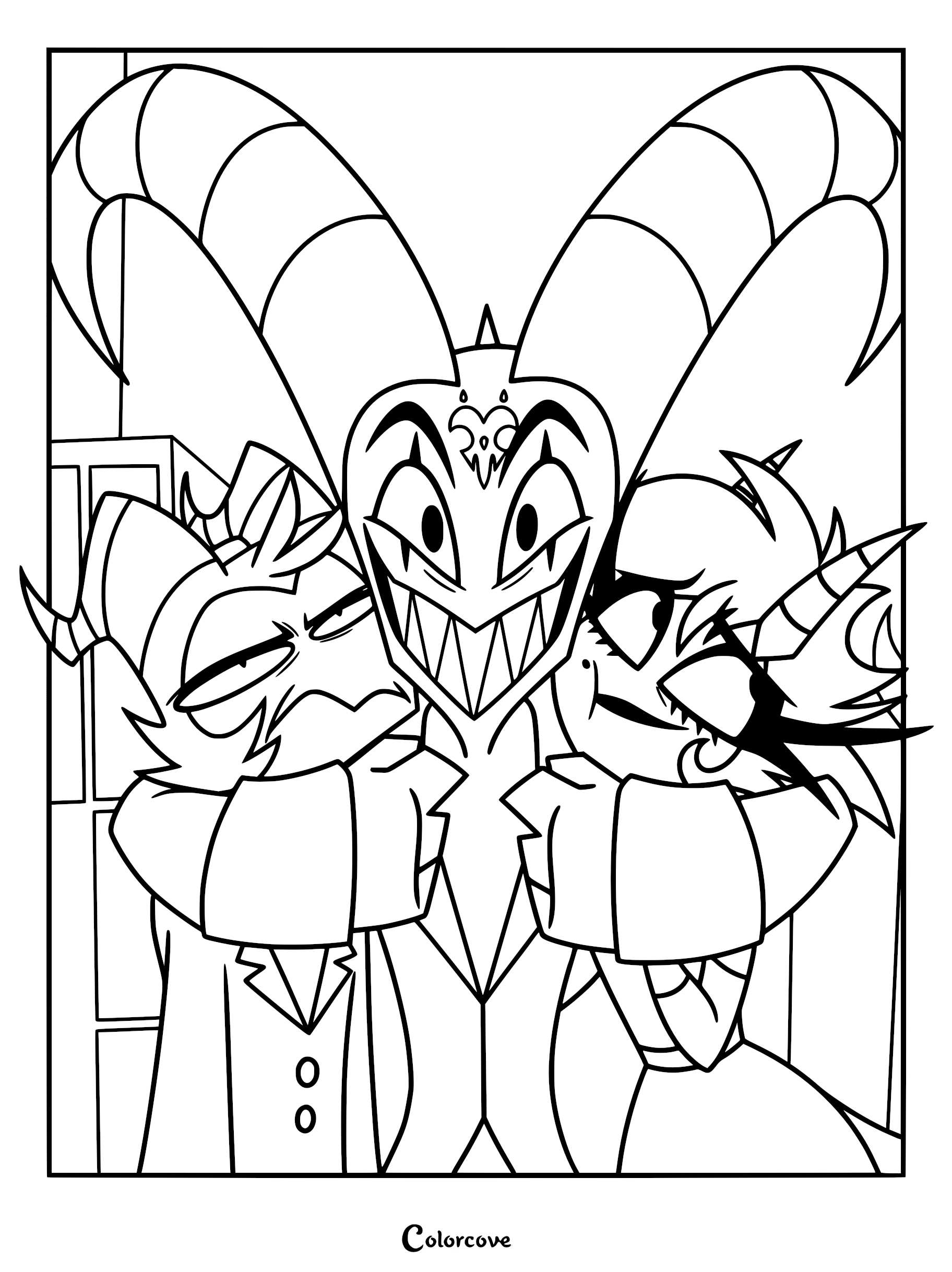 A printable coloring page featuring Blitzo standing in the center with his arms around Moxxie and Millie, who are leaning into him in a group hug.