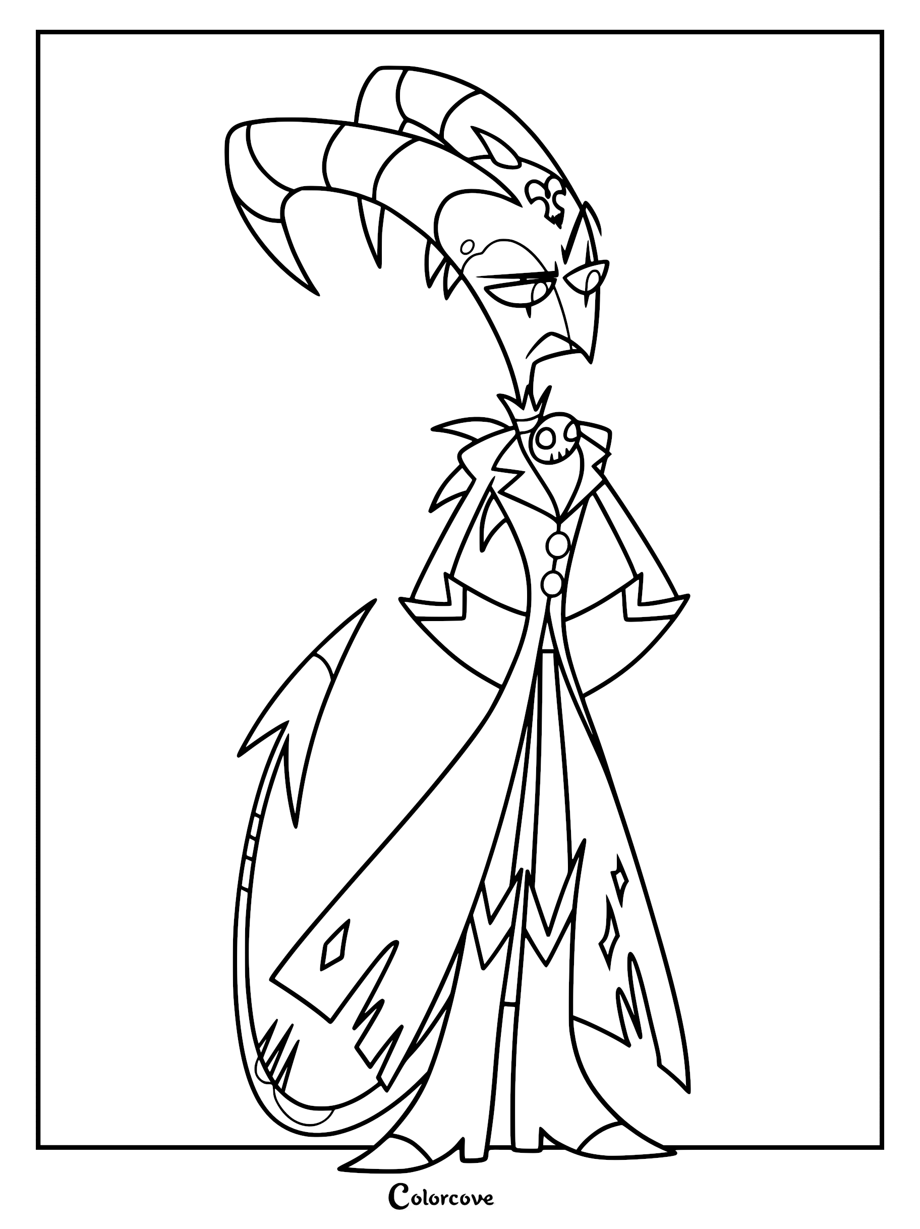 A black and white line art coloring page of Blitzo from Helluva Boss, standing with his hands on his hips and a serious expression.