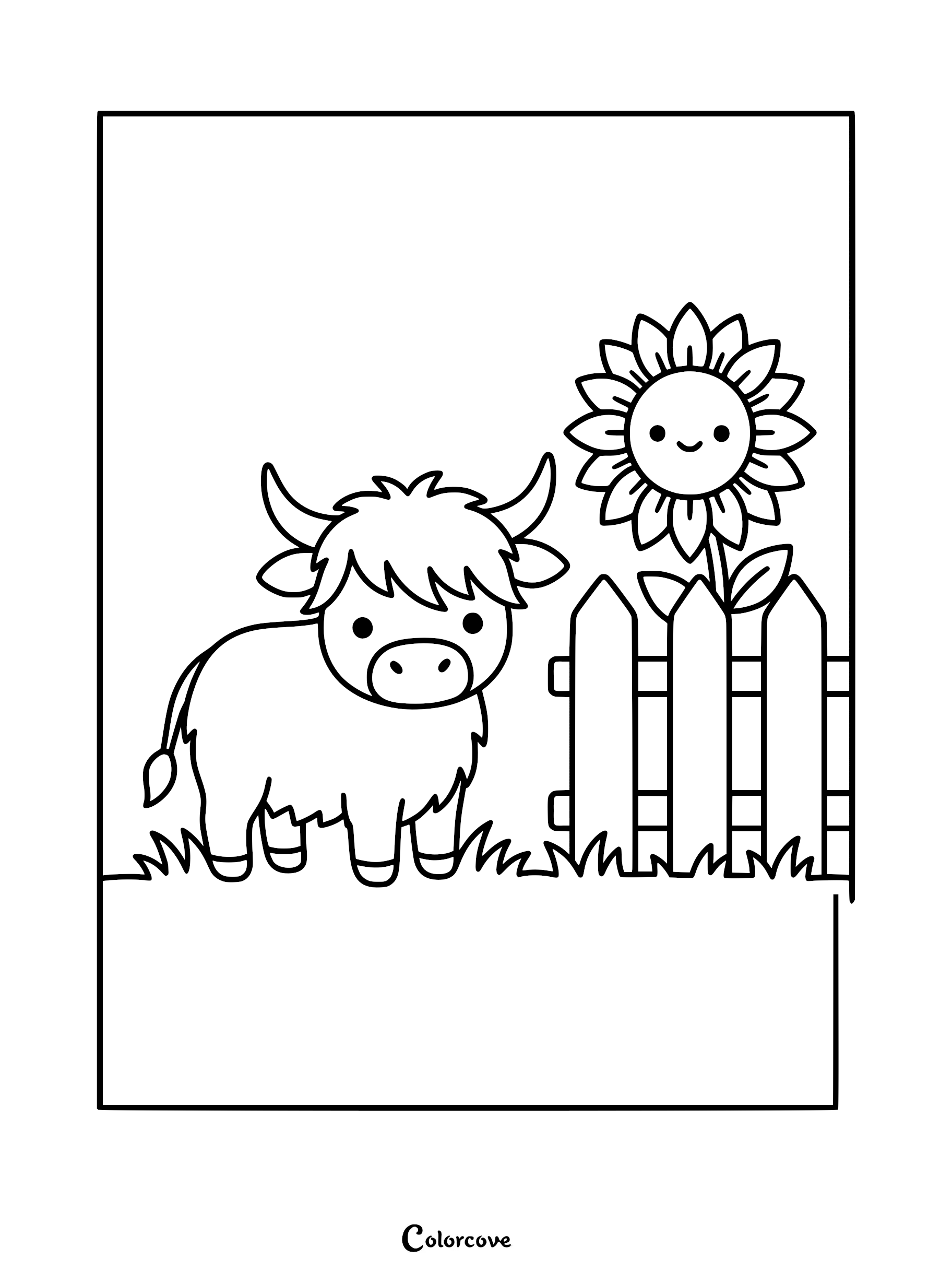 A cute Highland Cow standing in grass next to a picket fence with a smiling sunflower, printable coloring page.