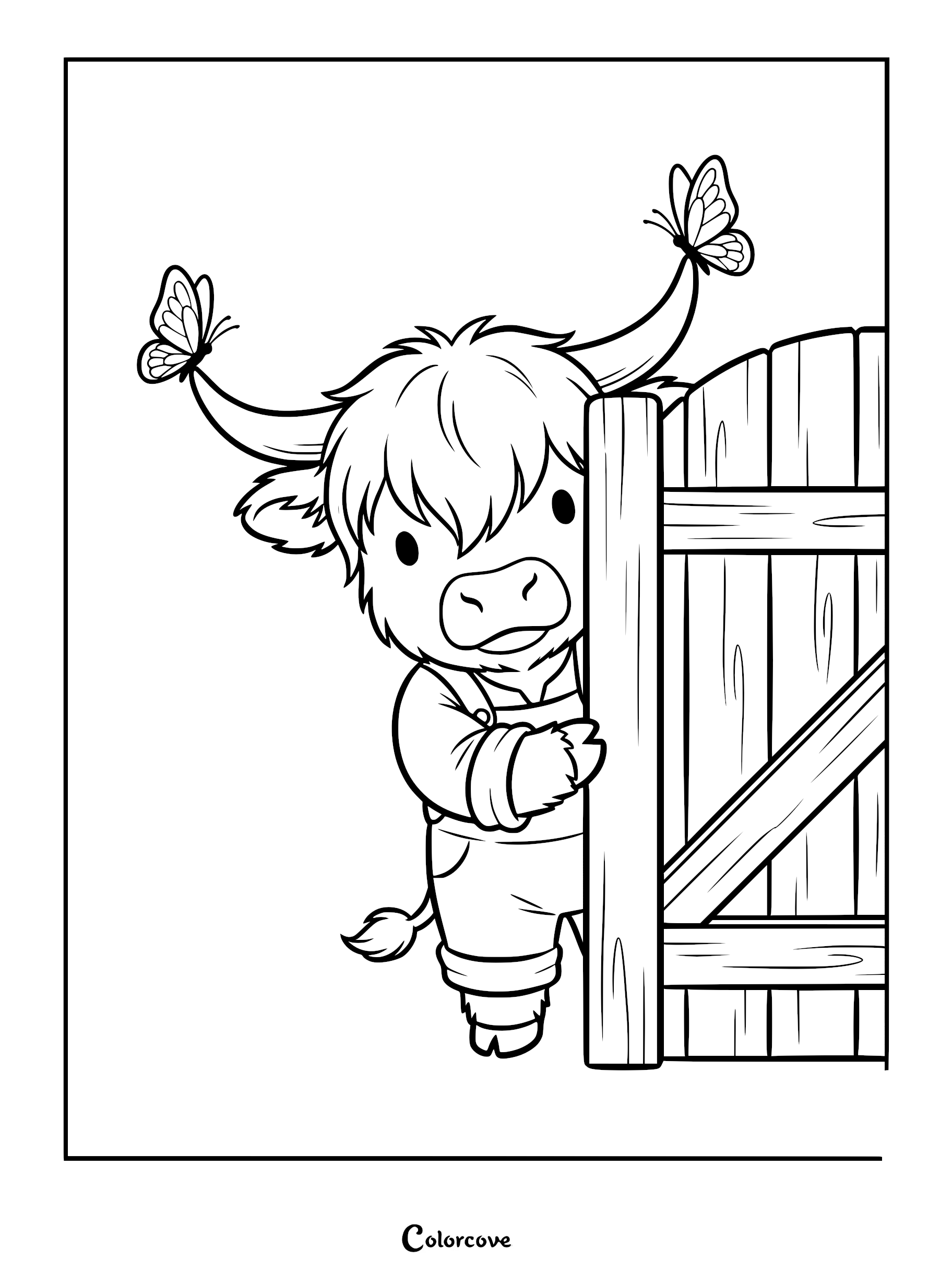 A cute Highland cow wearing overalls peeking from behind a wooden gate with butterflies on its horns in this printable coloring page.