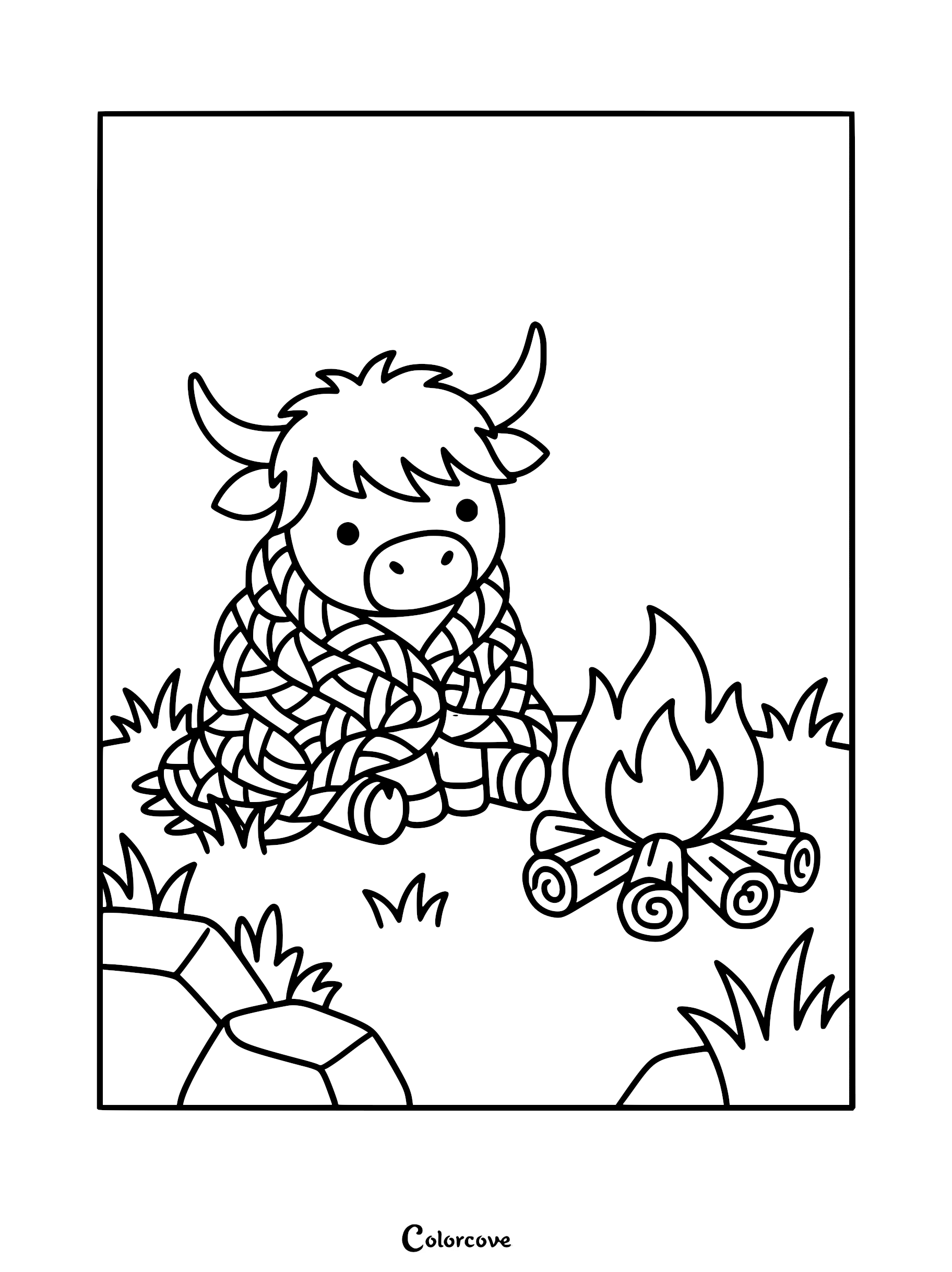 A cute Highland Cow wrapped in a patterned blanket sitting by a campfire in this printable coloring page.