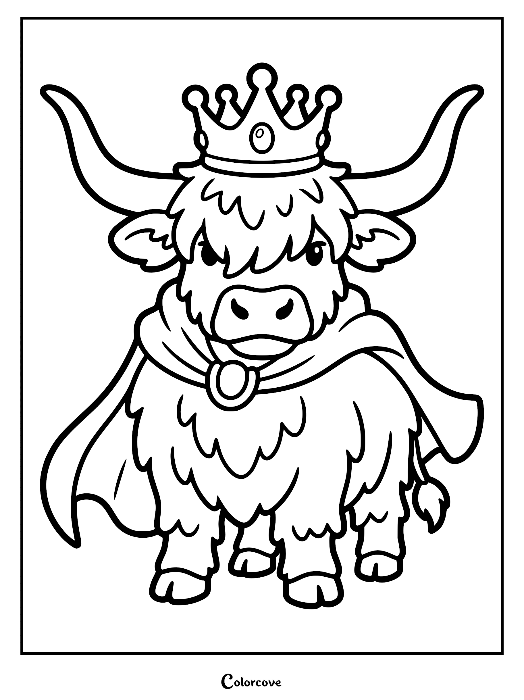 A cute Highland Cow wearing a royal crown and a cape in this printable coloring page.