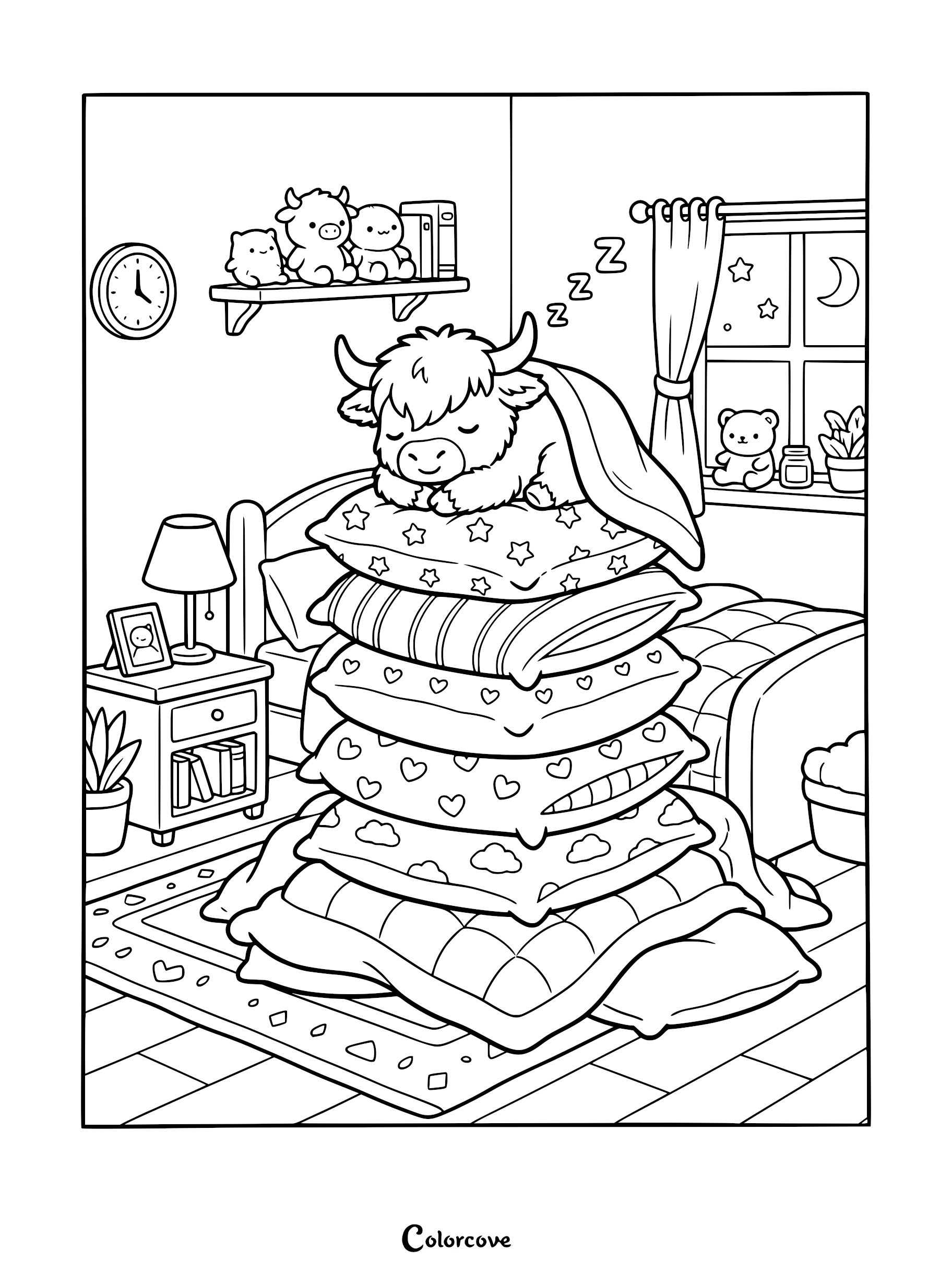 A cute Highland Cow sleeping on a tall stack of patterned pillows in a bedroom at night, printable coloring page.