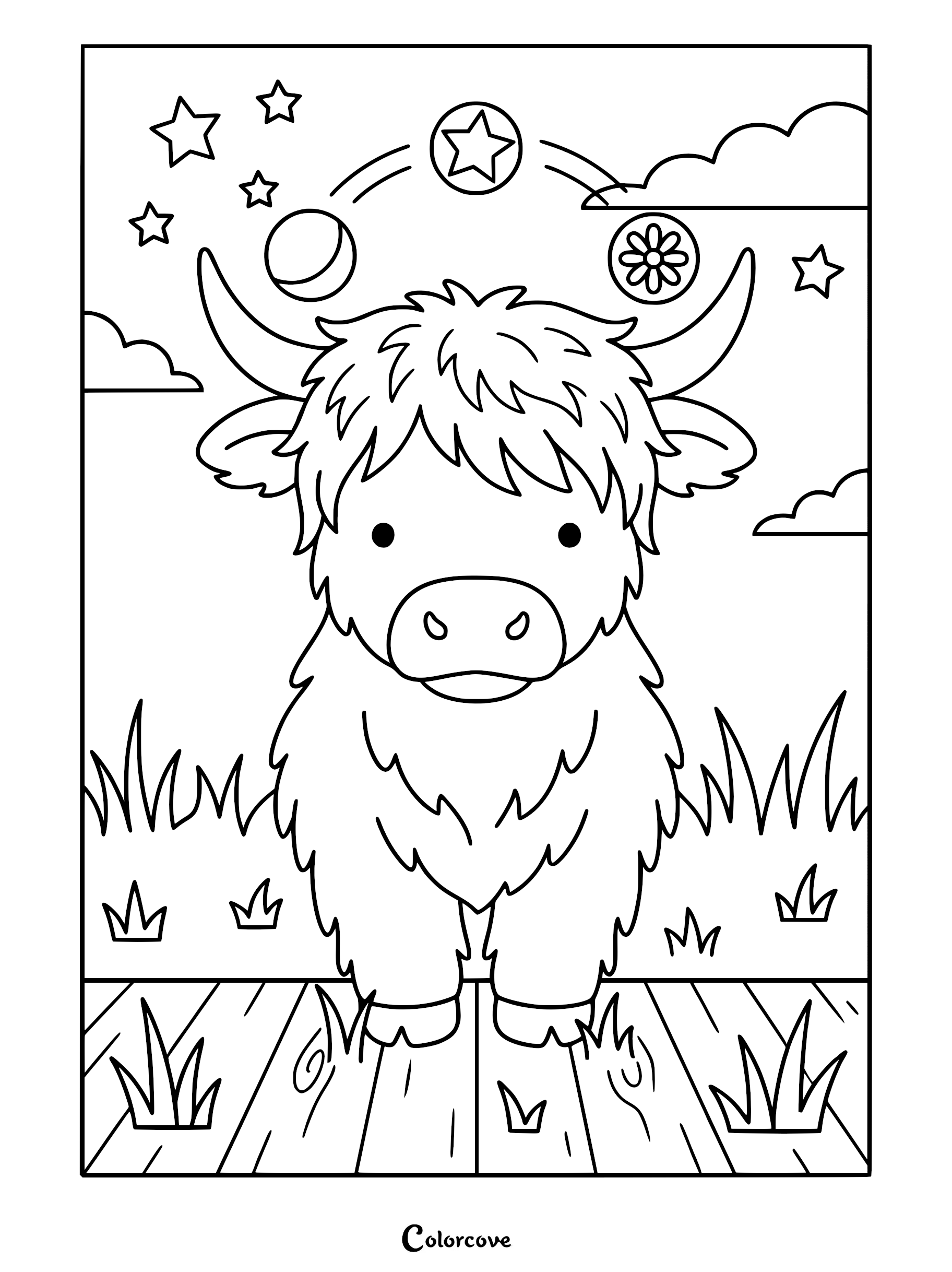 A cute Highland cow standing in a grassy field with stars, a moon, and a flower icon floating above its head in this printable coloring page.