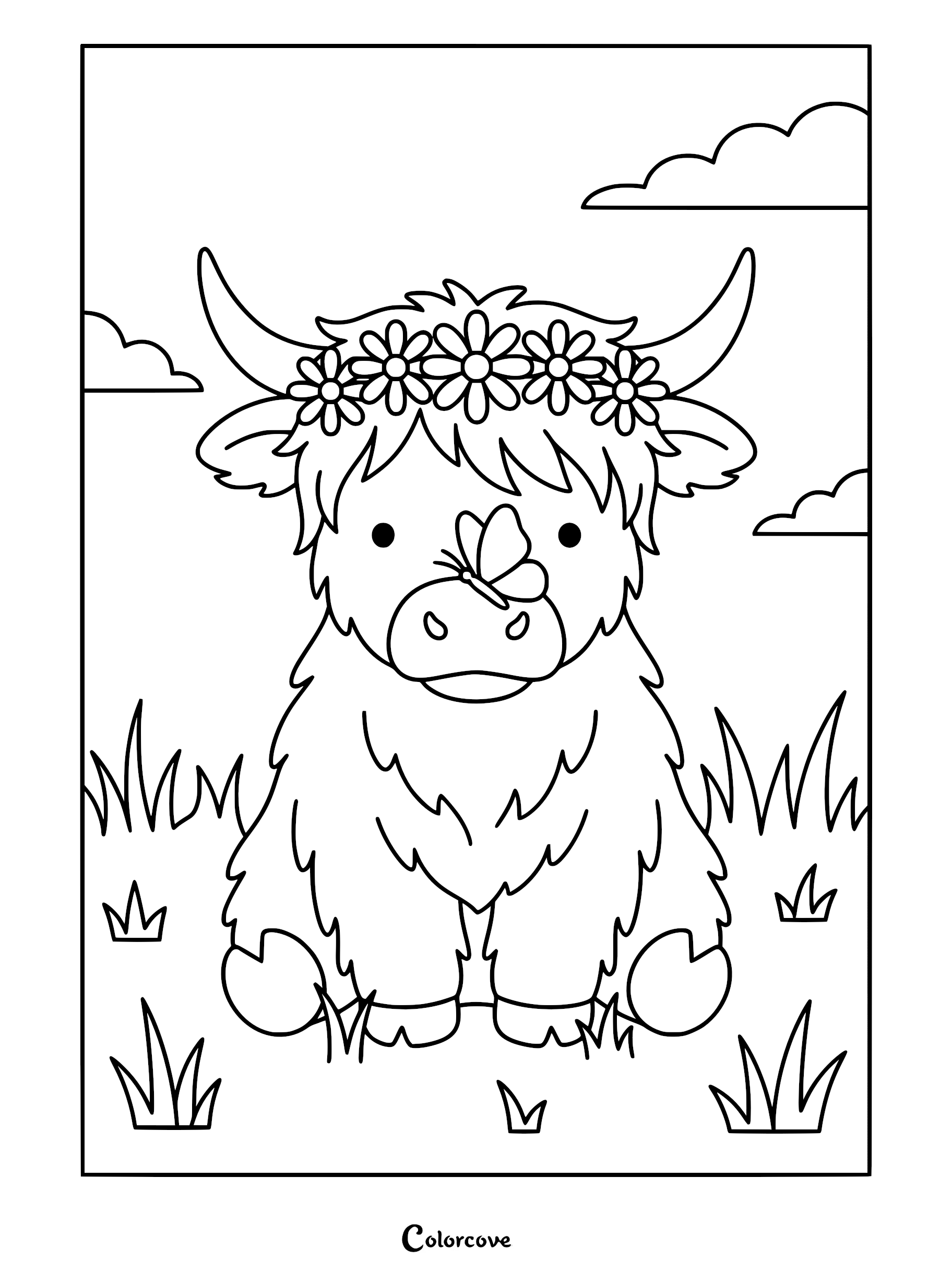 A cute Highland cow wearing a daisy flower crown with a butterfly on its nose in a grassy field, printable coloring page.