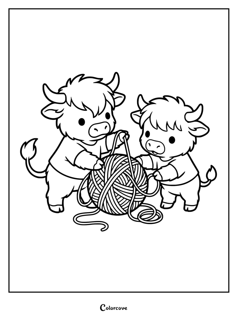 Two cute Highland Cow calves wearing shirts playing with a large ball of yarn in this printable coloring page.