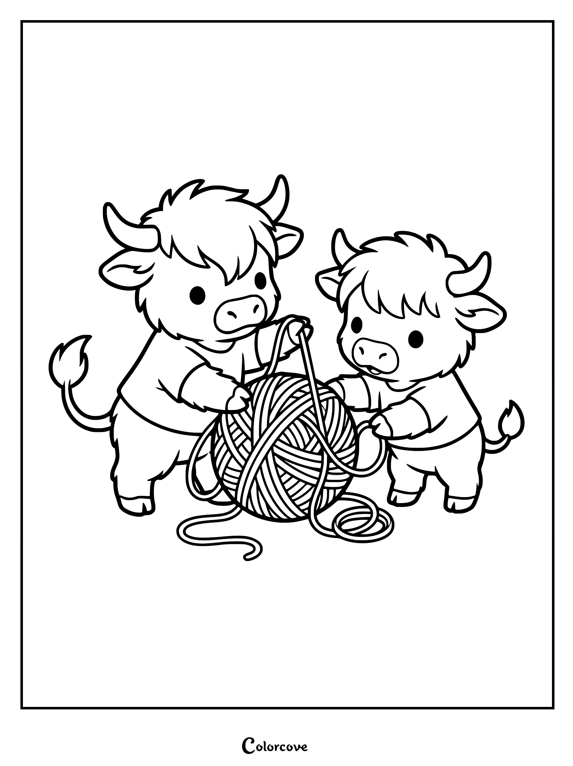 Two cute Highland Cow calves wearing shirts playing with a large ball of yarn in this printable coloring page.