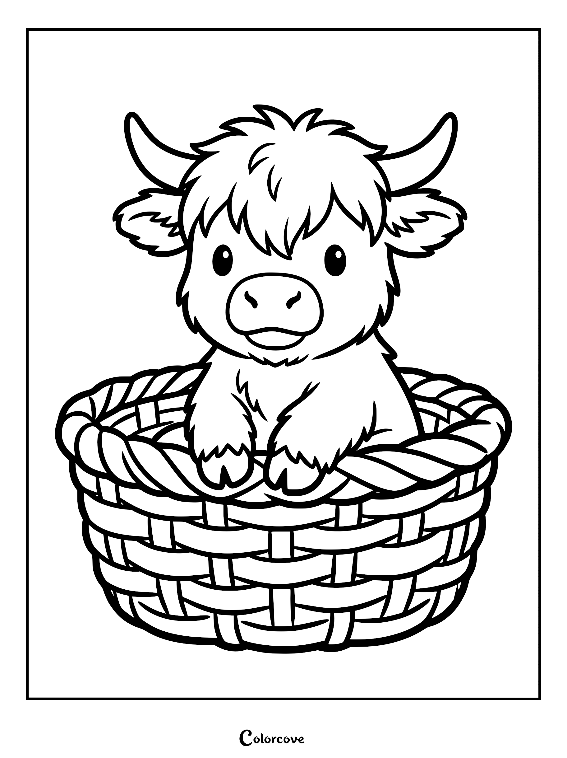 A cute baby Highland cow sitting inside a woven wicker basket, line art coloring page.