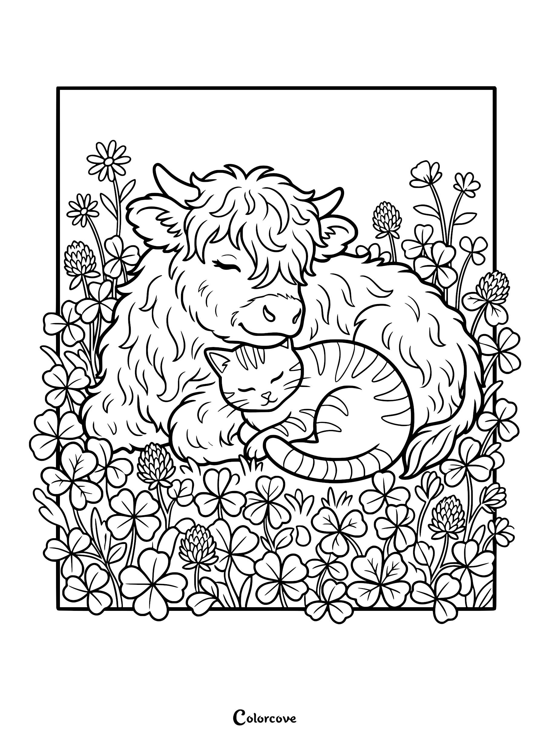 A Highland cow and a tabby kitten sleeping together in a field of clover on this printable coloring page.