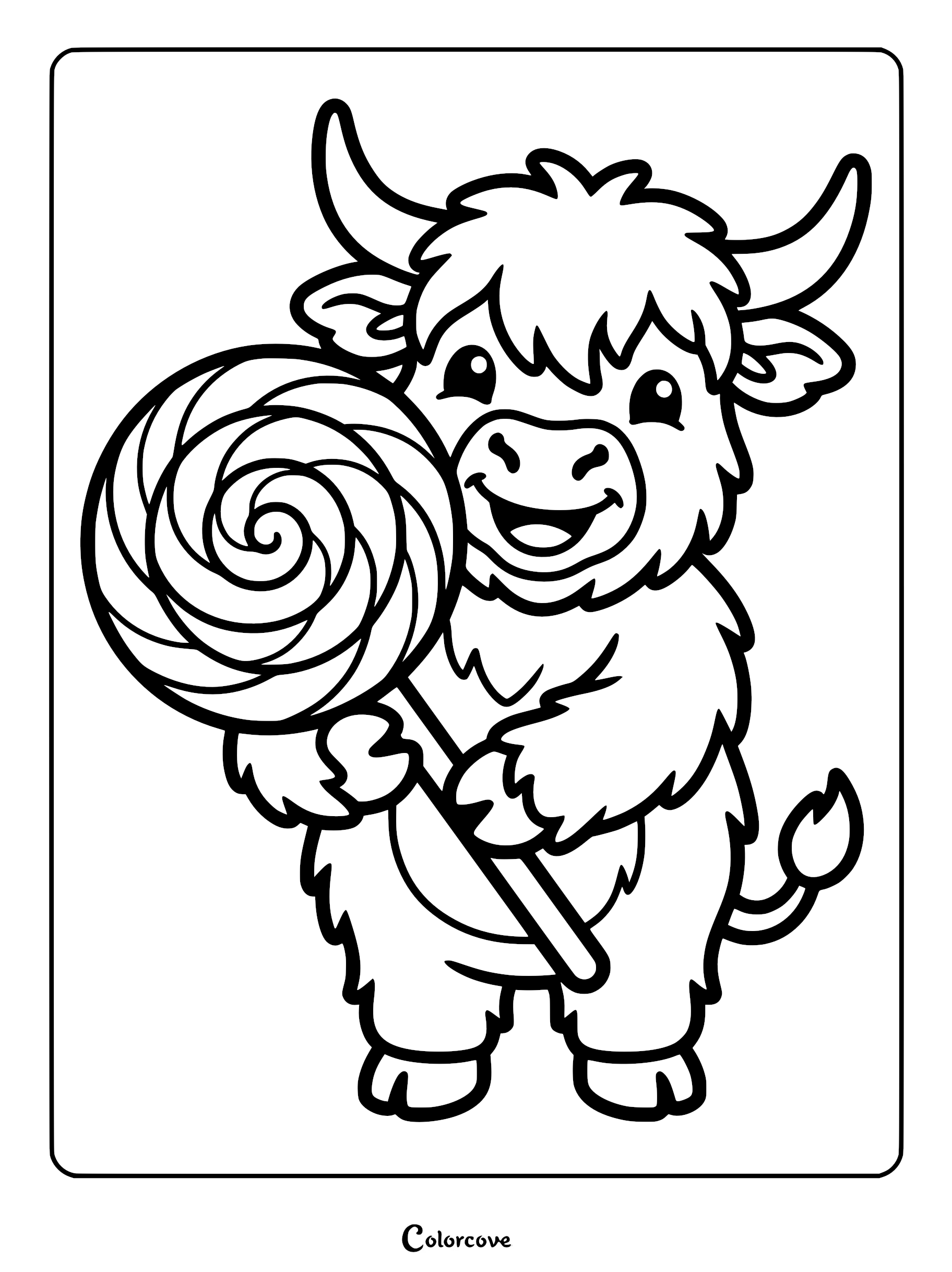 A cute Highland Cow holding a large swirled lollipop in this printable coloring page.