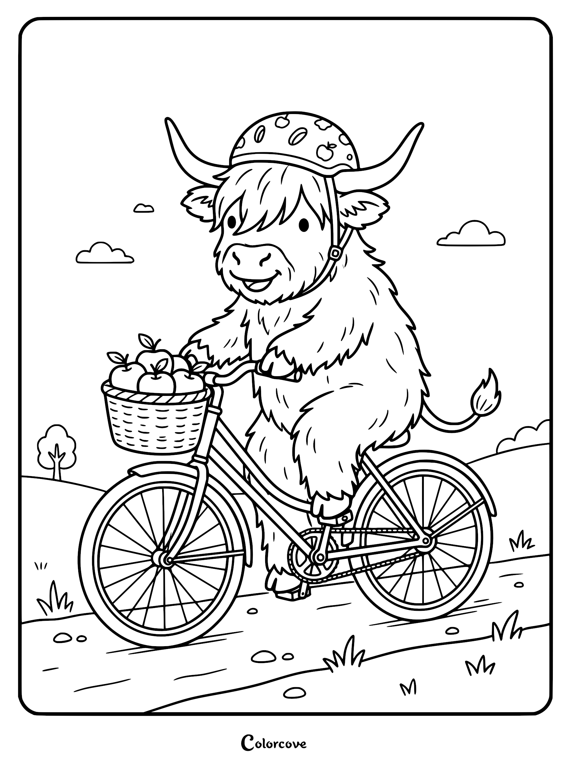 A cute Highland cow wearing a patterned helmet riding a bicycle with a basket full of apples, printable coloring page.