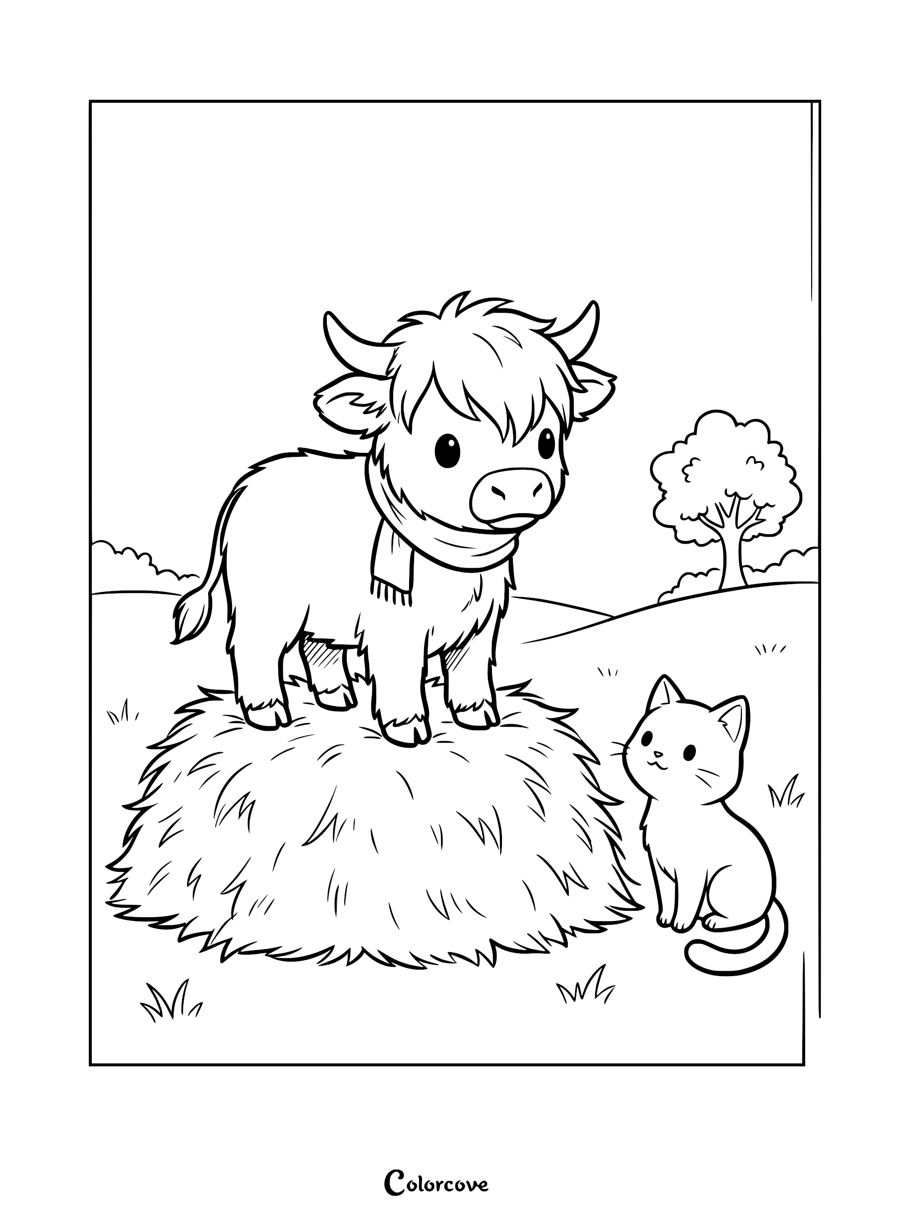A cute Highland cow wearing a scarf standing on a haystack with a small kitten sitting nearby in a meadow coloring page.
