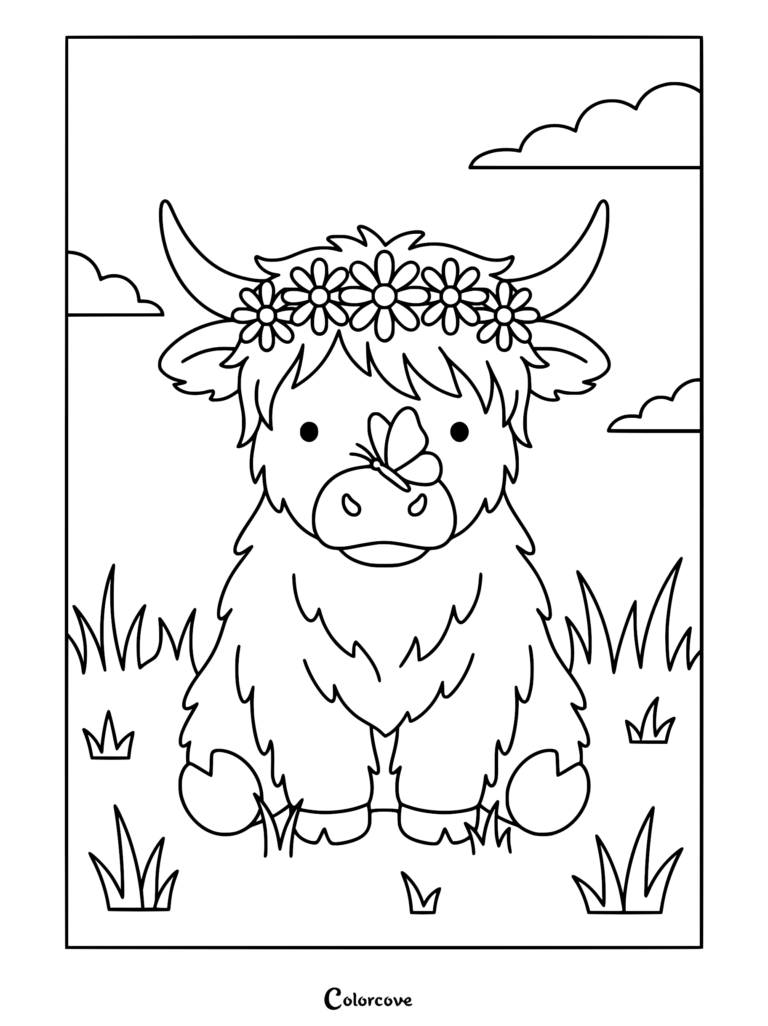 A cute Highland cow wearing a daisy flower crown with a butterfly on its nose in this printable coloring page.