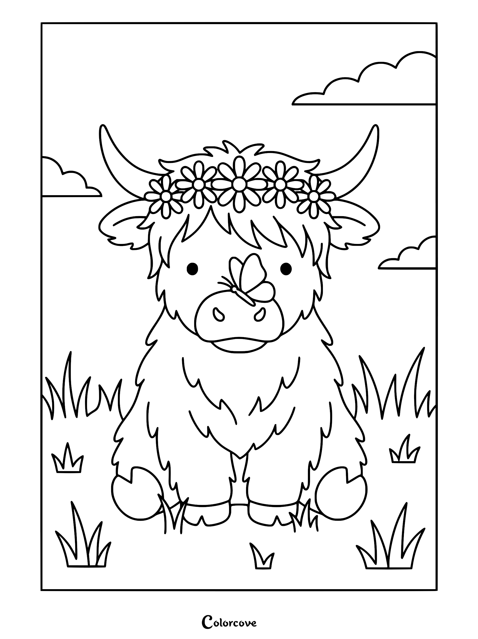 A cute Highland cow wearing a daisy flower crown with a butterfly on its nose in this printable coloring page.