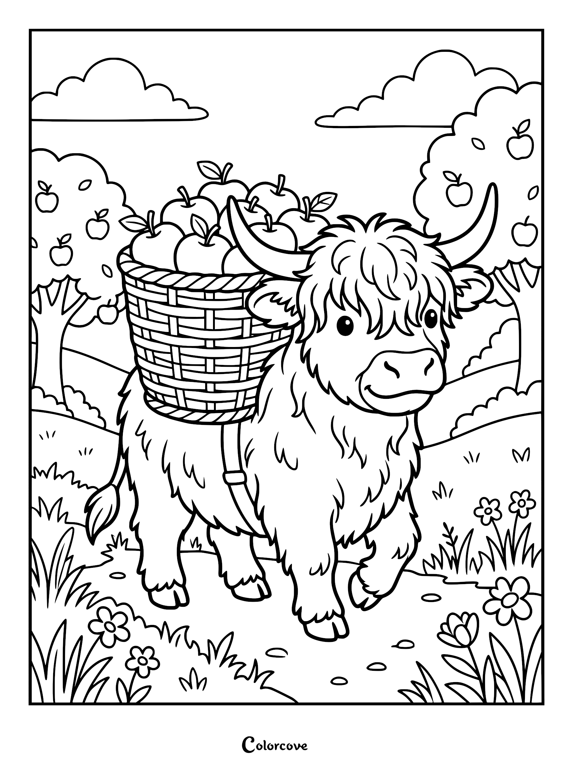 A cute Highland cow with a basket of apples on its back in an orchard coloring page.