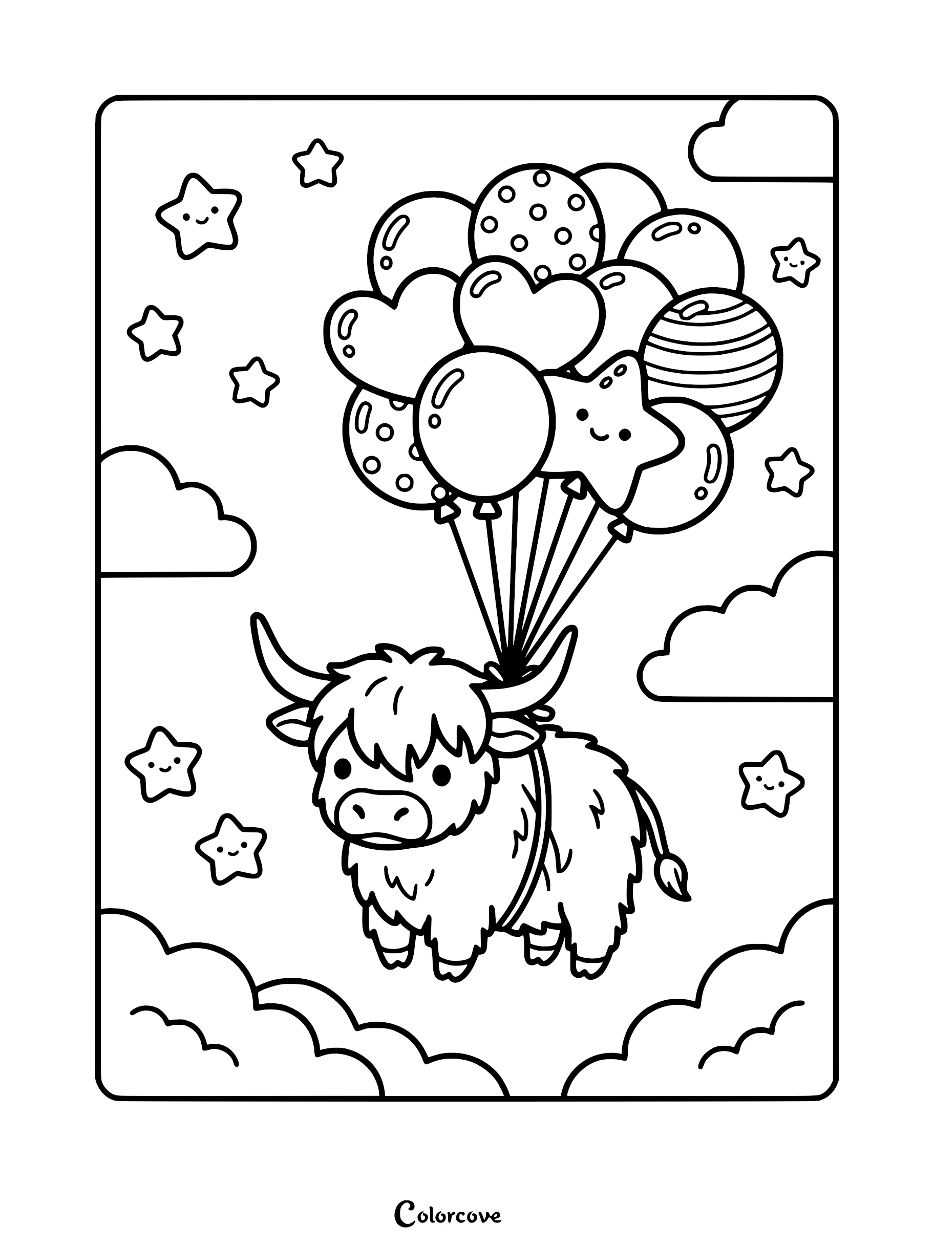 A cute Highland cow floating in the sky holding a large bunch of patterned balloons, stars, and clouds in this printable coloring page.