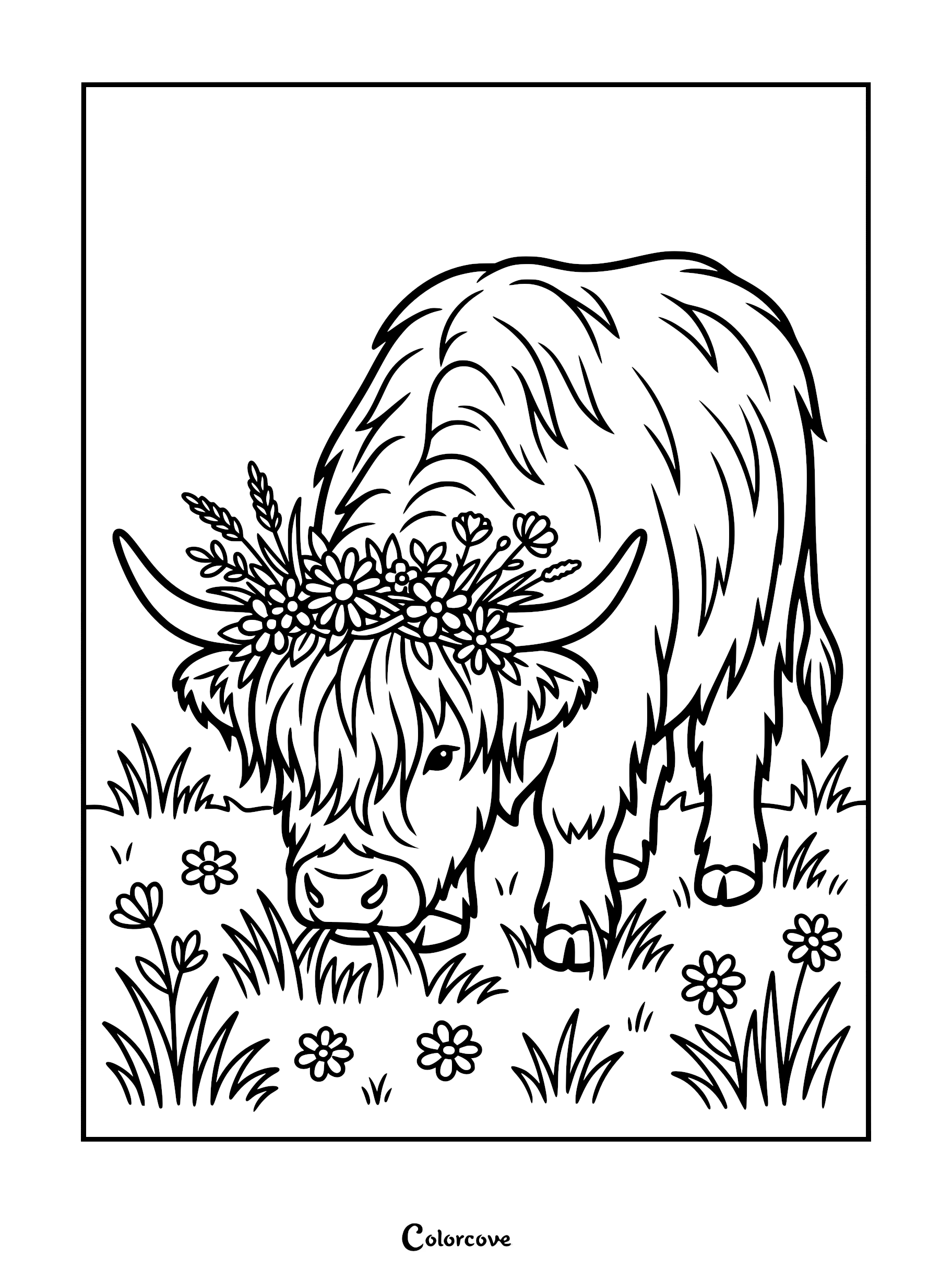 A Highland cow wearing a floral crown grazing in a meadow, printable coloring page.