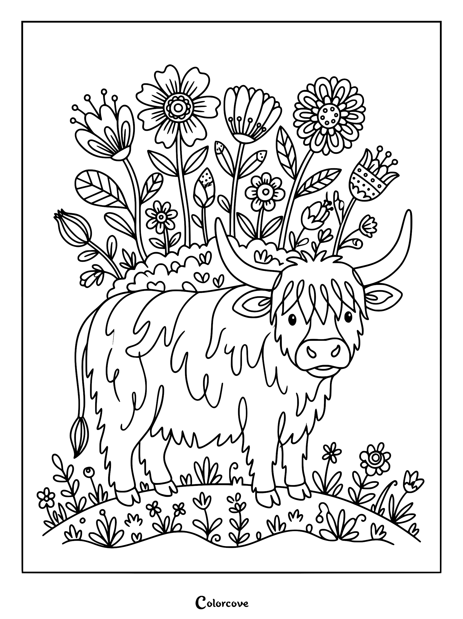 A cute Highland cow standing in a field of wildflowers, featured in a detailed line art coloring page.