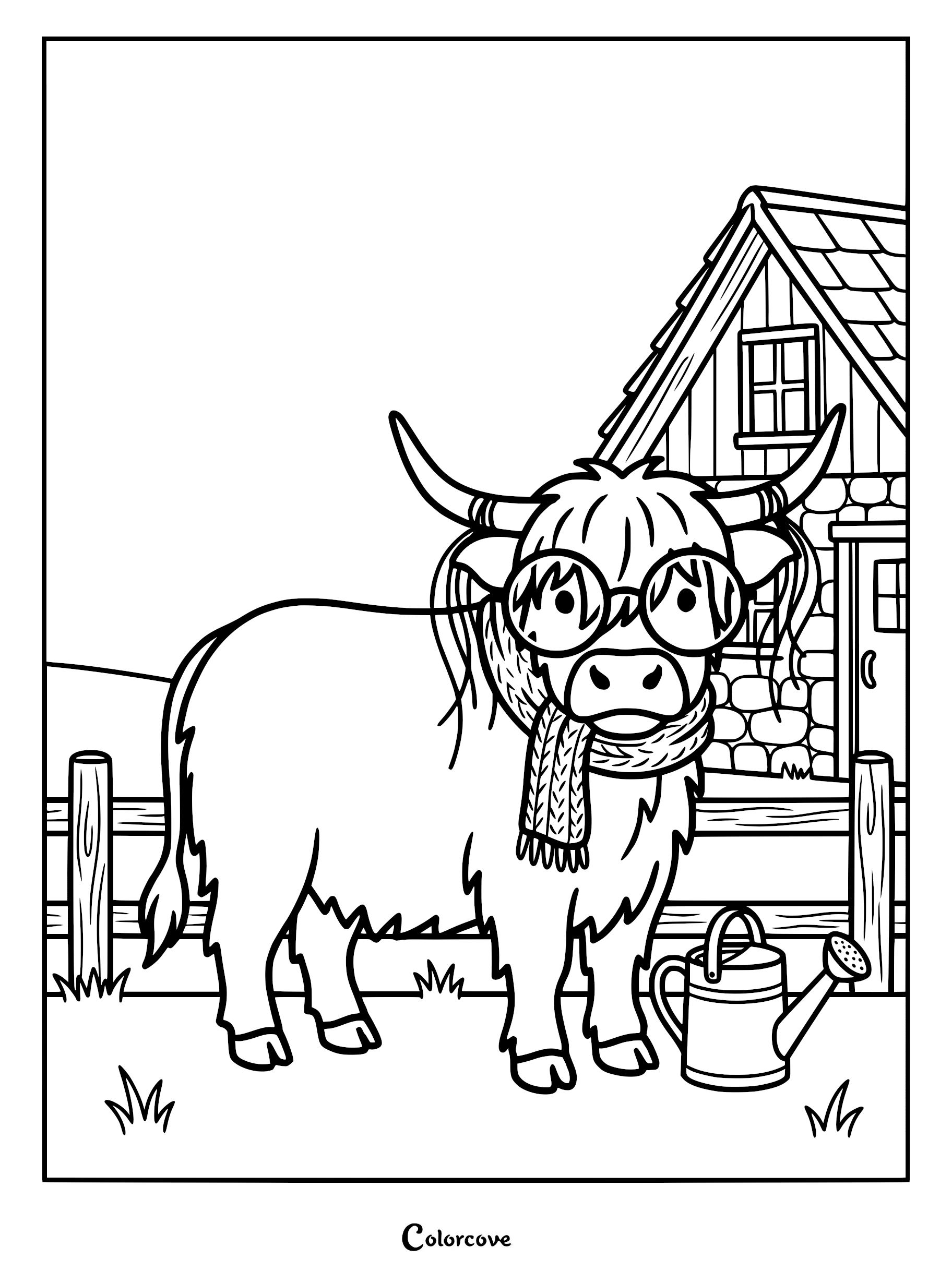 Highland cow wearing round glasses and a knit scarf standing by a farmhouse with a watering can, printable coloring page.