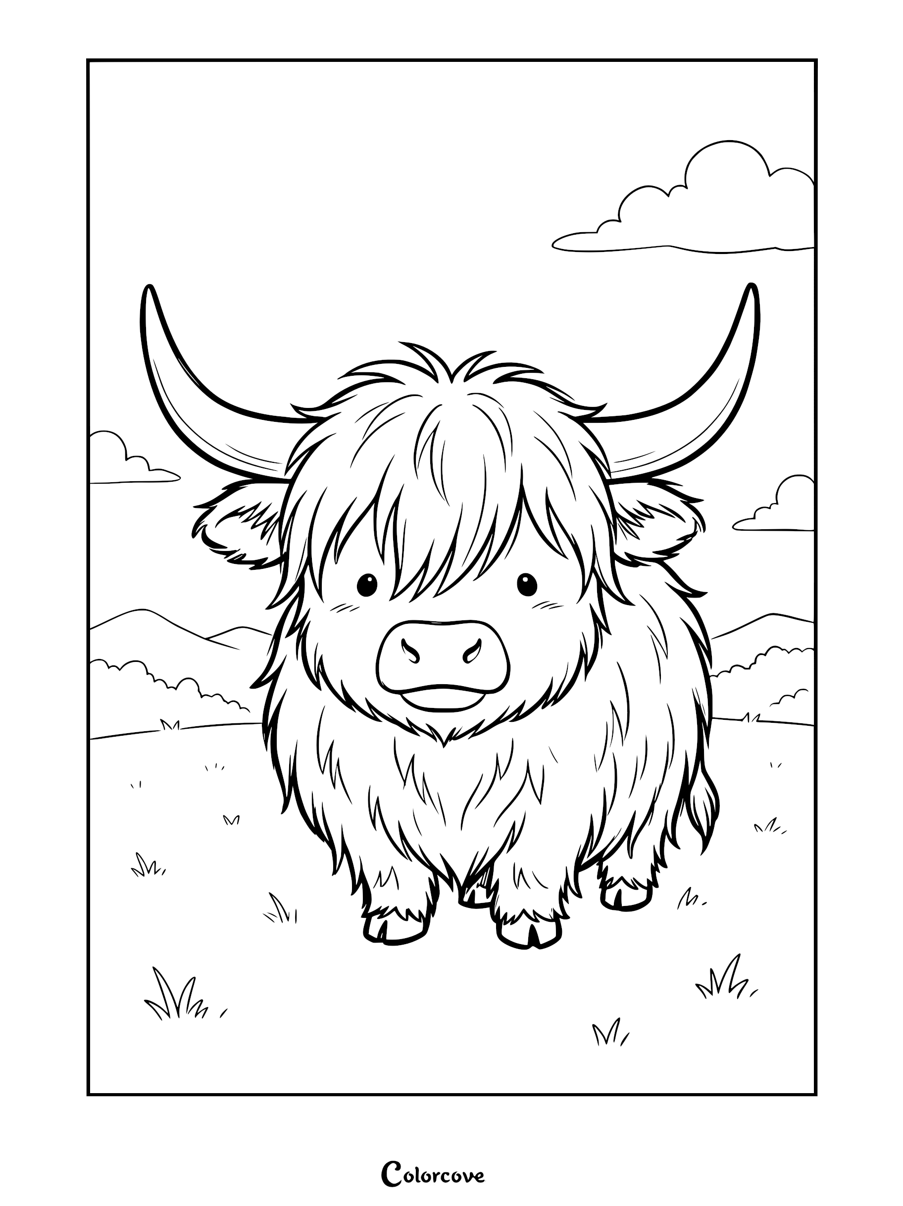 A fluffy Highland Cow with long horns standing in a grassy meadow, featured in a printable line art coloring page.