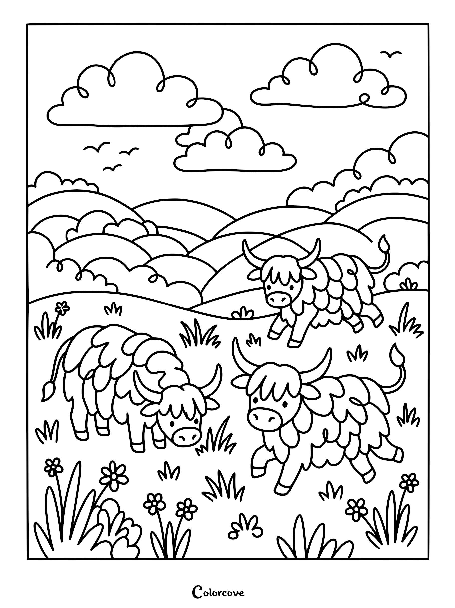 Three fluffy Highland cows grazing in a grassy meadow with rolling hills and clouds in this printable coloring page.