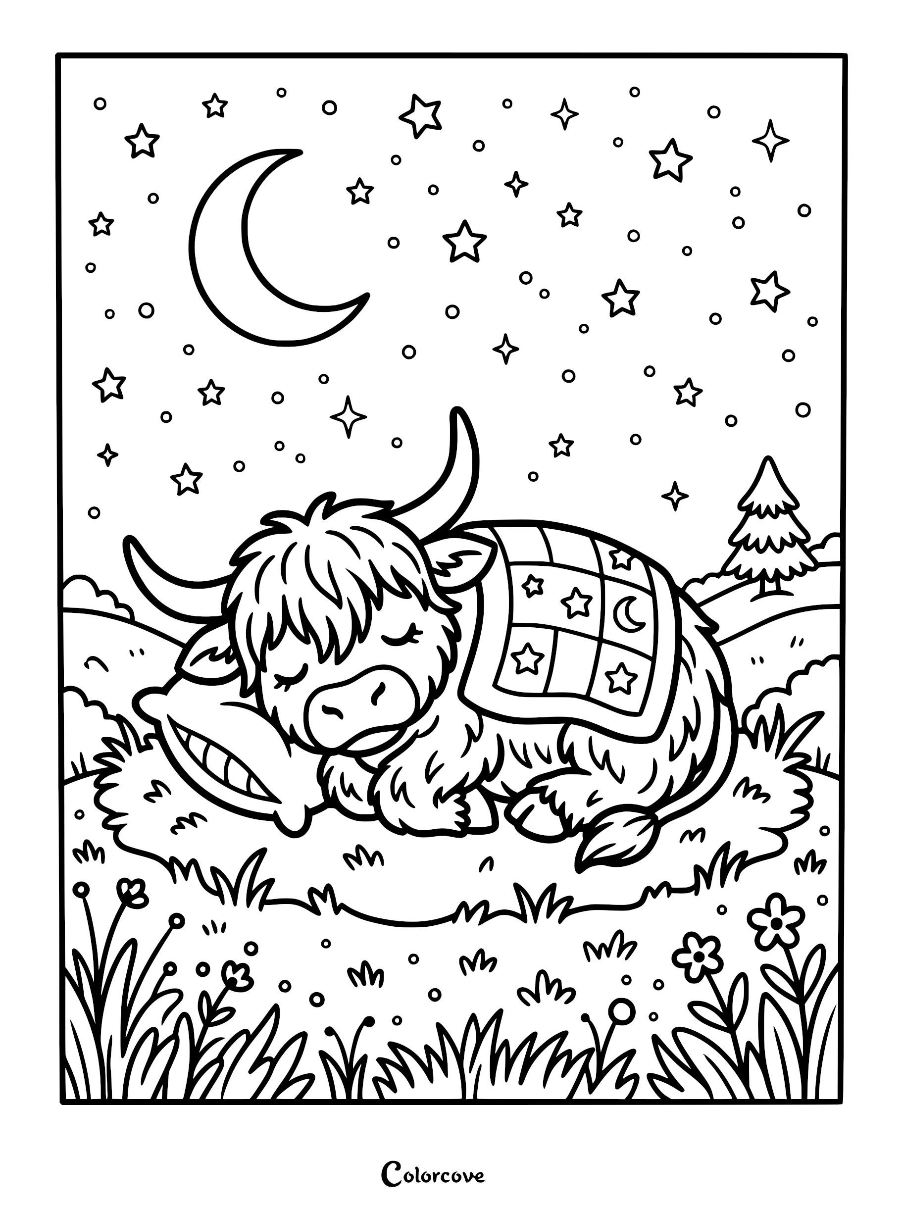 A cute Highland cow sleeping on a pillow under a starry night sky, featured in a printable coloring page.