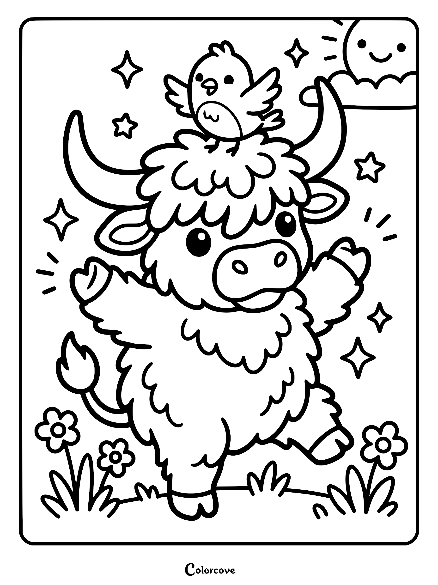 A cute Highland Cow with a small bird perched on its head, surrounded by stars, flowers, and a smiling sun in this printable coloring page.