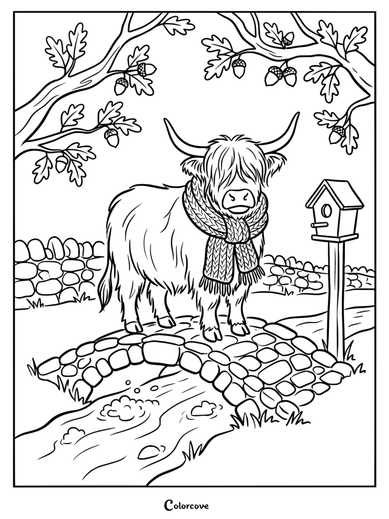 Highland cow wearing a knitted scarf standing on a stone bridge near a birdhouse, coloring page.