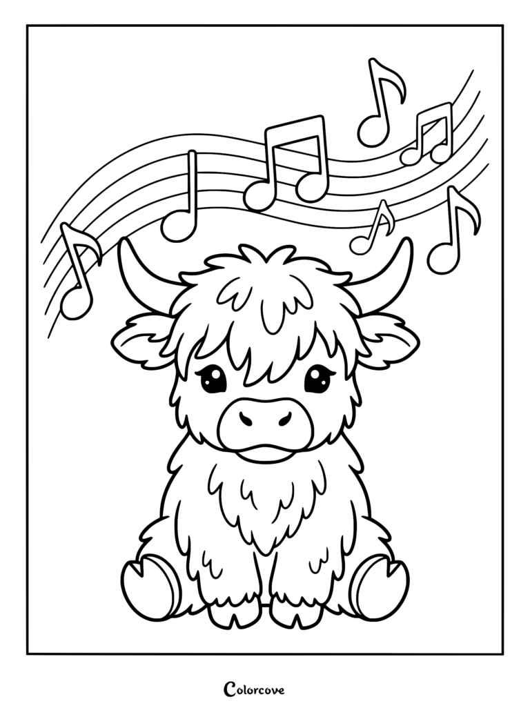A cute Highland cow sitting under floating musical notes and a staff, line art coloring page.