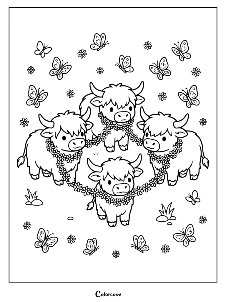 Four cute Highland cow calves standing in a circle connected by a daisy flower garland, surrounded by butterflies and small flowers in a coloring page style.