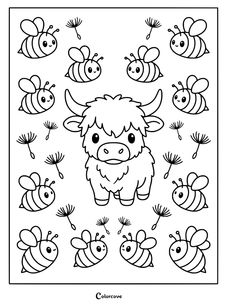 A kawaii Highland cow standing in the center surrounded by ten smiling cartoon bees and floating dandelion seeds in this printable coloring page.