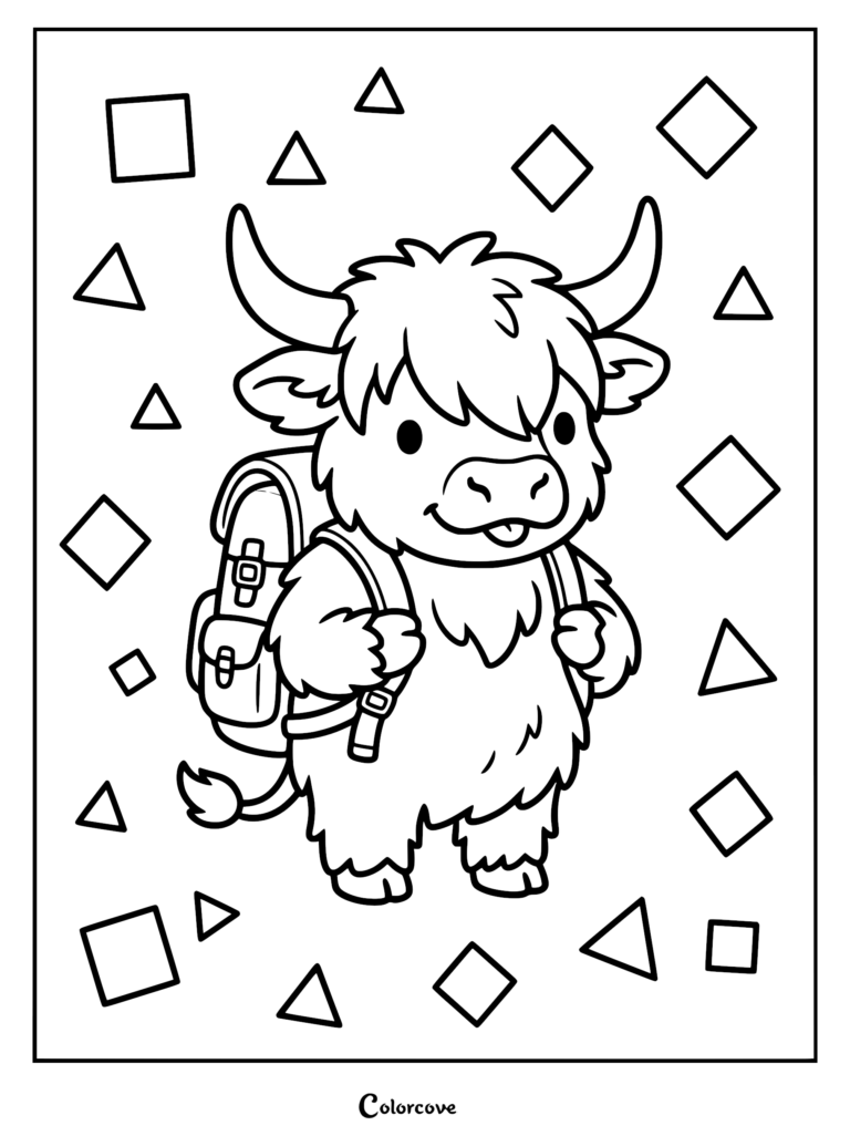 A cute Highland Cow wearing a backpack surrounded by geometric shapes in this printable coloring page.