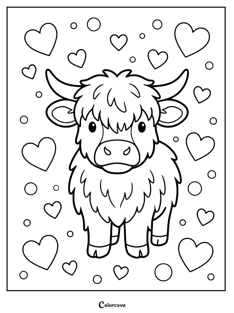 A cute Highland cow coloring page featuring a fluffy calf surrounded by floating hearts and circles.