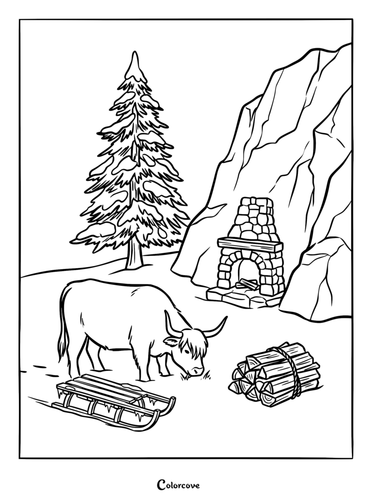A Highland cow grazing in a snowy landscape next to a wooden sled, a stone fireplace, and a snow-covered pine tree in this printable coloring page.