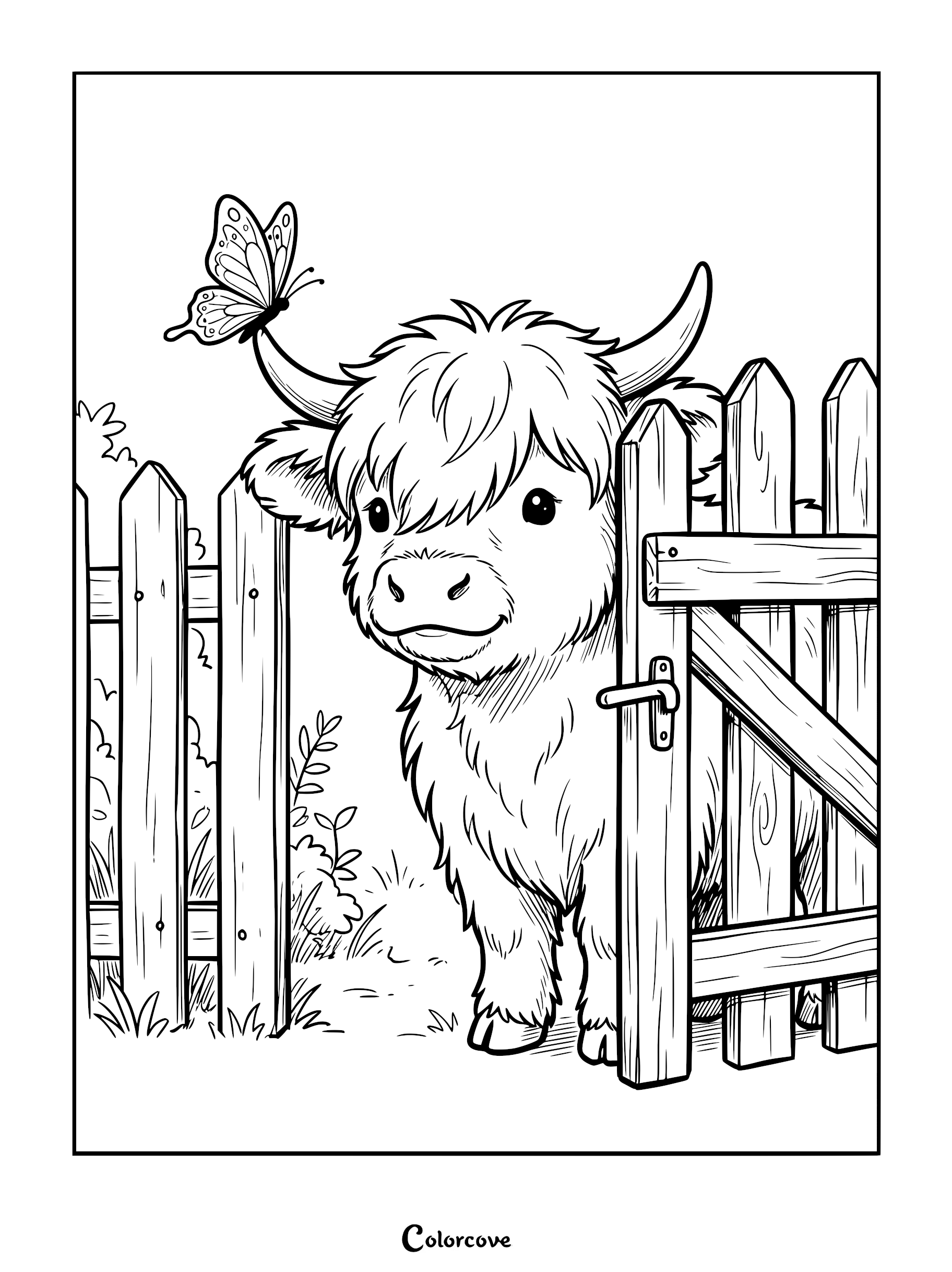 A cute Highland cow with a butterfly on its horn standing by a wooden picket fence in this printable coloring page.